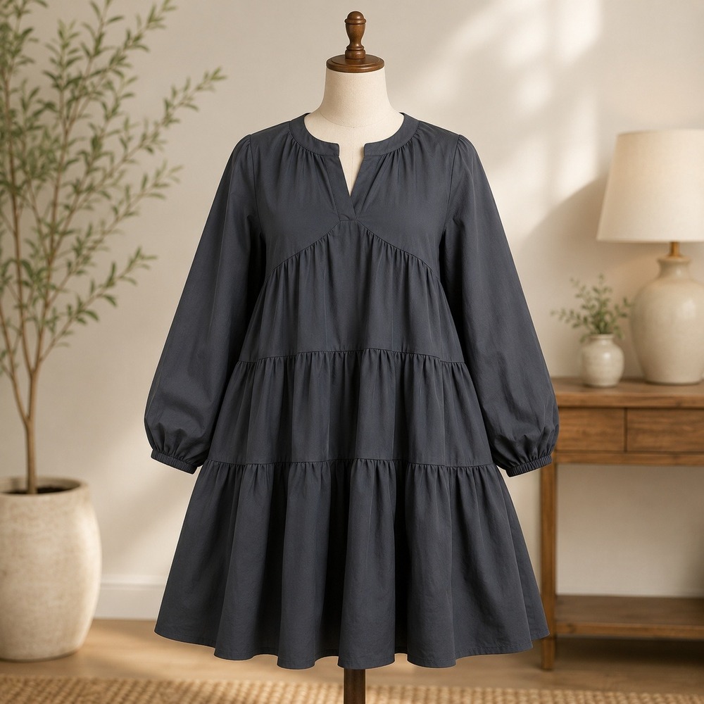 NWT Cupshe Tiered Mini Dress Womens Small Black Cotton V-Neck Balloon Sleeve